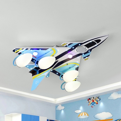 Wood Airplane LED Flush Ceiling Light Boy Bedroom Modern Cool Ceiling Fixture in Blue
