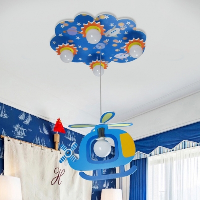 Wood Cartoon Helicopter Hanging Light 5 Lights Cute Pendant Light in Blue for Kid Bedroom