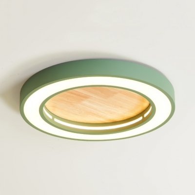 Wood Round LED Flush Mount Light Simple Style Candy Colored Ceiling Lamp in Warm White/White for Restaurant