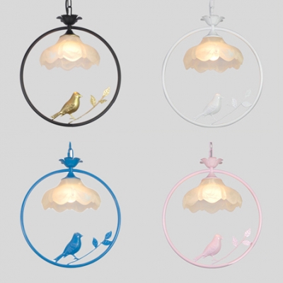 1 Light Petal Ceiling Light Rustic Style Frosted Glass Suspension Light with Bird Decoration for Study Room