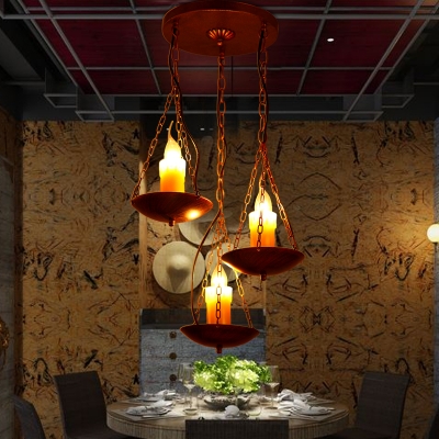 3 Lights Candle Hanging Lamp Industrial Metal Pendant Light with Chain in Rust for Cafe Restaurant