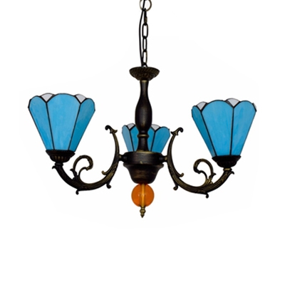 3 Lights Conical Suspension Light Tiffany Style Glass Metal Chandelier in Blue for Study Room