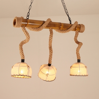 3 Lights Dome Shade Island Light Asian Style Bamboo Fabric Rope Pendant Lamp in Beige for Kitchen