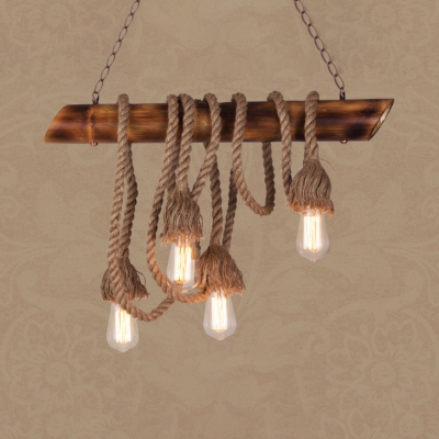 4 Heads Open Bulb Island Pendant Country Style Bamboo & Rope Island Light in Beige for Cafe