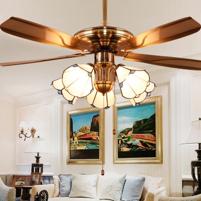 5 Lights Cone LED Ceiling Fan with Pull Chain Antique Glass Ceiling Lamp in White for Dining Room