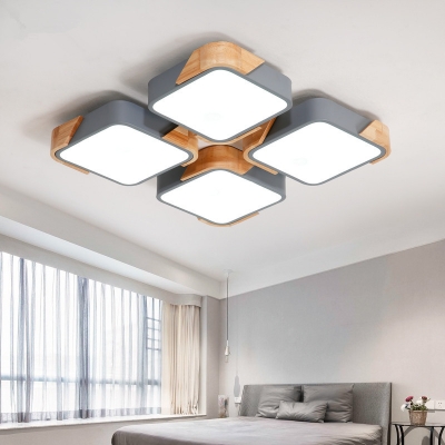 Acrylic Square LED Flush Mount Light 4 Heads Modern Style Warm/White Lighting Ceiling Lamp in Gray/White for Hotel