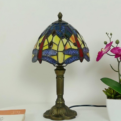 1 Light Dragonfly Desk Lamp Tiffany Antique Stained Glass Table Light in Blue/Orange for Bedroom