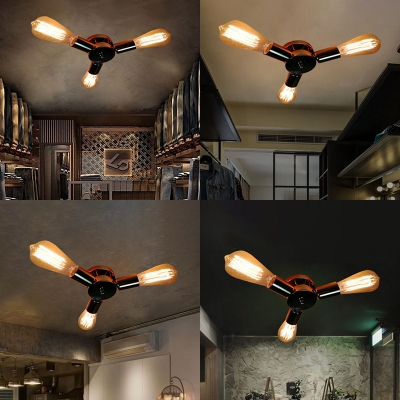 Antique Brass Finish Wall Light Bare Bulb Fan Shape 3 Heads Metal Wall Sconce for Restaurant