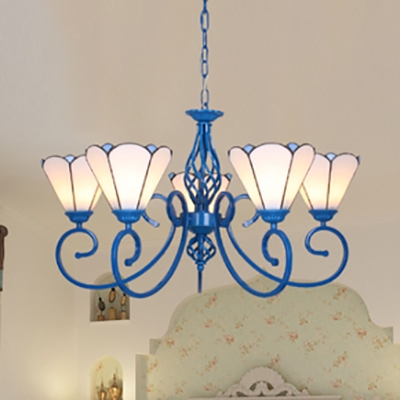 Bedroom Hotel Cone Chandelier Glass Metal 5 Lights Traditional Blue/White Hanging Light