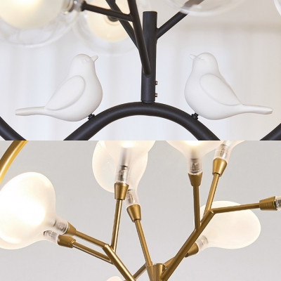 Branch Shape Bedroom Hanging Lamp with Bird Metal 9 Lights Rustic Style Chandelier in Black/Gold
