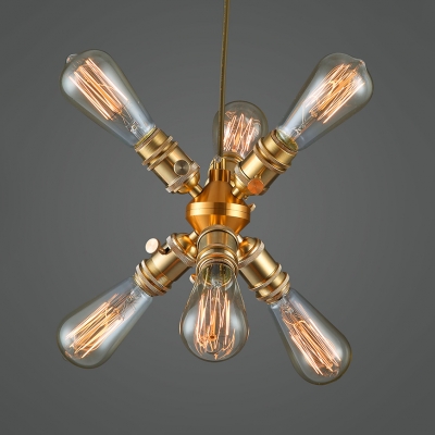 Brass Starburst Shaped Pendant Light 6 Lights Metal Chandelier Light for Dining Room