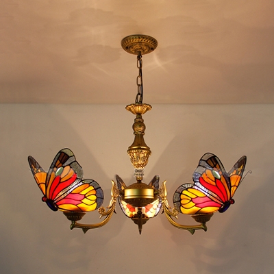 Butterfly Bedroom Ceiling Lamp Glass 3 Lights Tiffany Style Blue