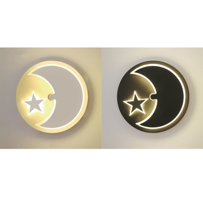 Child Bedroom Round Sconce Light with Moon Star Acrylic Creative Black/White LED Wall Light in Warm