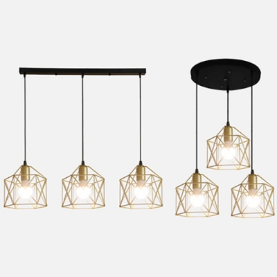 Cloth Shop Cage Hanging Light Metal 3 Lights Industrial Gold Pendant Lamp with Linear/Round Canopy
