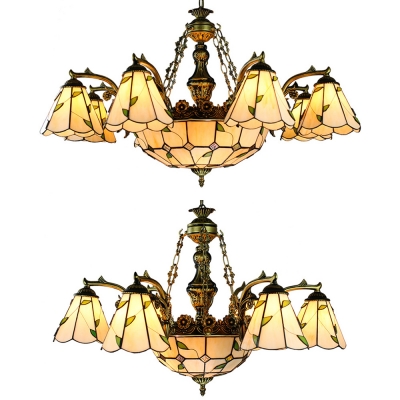 Cone Dome Living Room Chandelier with Leaf Glass Tiffany Style Vintage Pendant Light in Beige