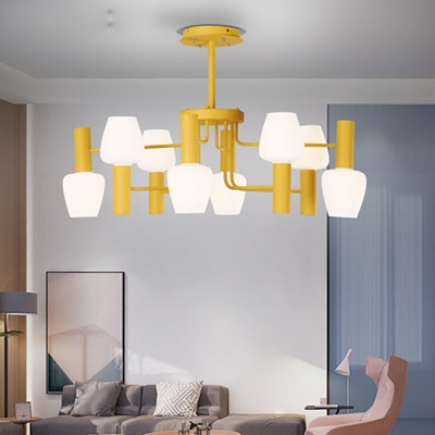 Contemporary Bud Shade Chandelier Opal Glass 8 Lights Gray/Pink/Yellow Hanging Light for Hotel