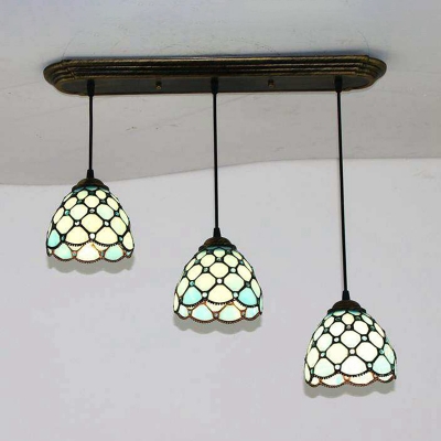 Cone/Dome Pendant Light Stained Glass 3 Heads Tiffany Vintage Island Light in Heritage Brass
