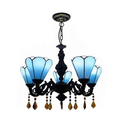 Dining Room Cone Chandelier Glass 3 Lights Tiffany Style Blue Pendant Light with Crystal Decoration