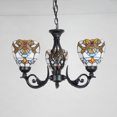 Dome Shade Hanging Light 3 Lights Tiffany Style Baroque Stained Glass Chandelier for Dining Room