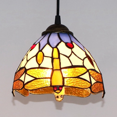 Dragonfly Dome Bedroom Pendant Light Stained Glass 1 Light Tiffany Style Vintage Ceiling Light