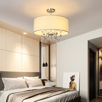 Fabric Drum Shade Semi Flush Mount Light 5 Lights Modern Ceiling Lamp with Crystal in White for Hotel