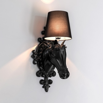 Fabric Tapered Shade Wall Light Bedroom 1 Light Rustic Style Sconce Lamp in Black/White