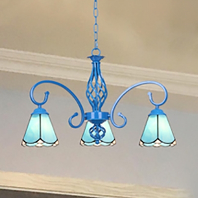 Glass Cone Hanging Light 3 Lights Tiffany Style Chandelier Light in Blue/White for Hallway