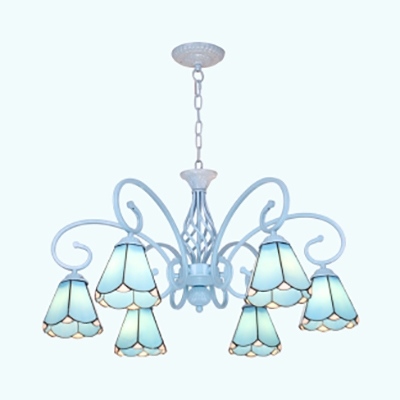 Glass Cone Shade Chandelier Dining Room Hotel 6 Lights Tiffany Style Pendant Lamp in Blue/White