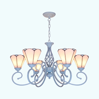 Glass Cone Shade Chandelier Dining Room Hotel 6 Lights Tiffany Style Pendant Lamp in Blue/White