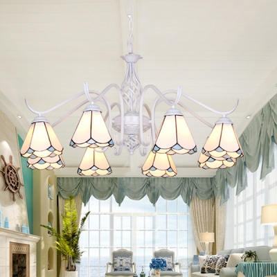 Glass Cone Shade Hanging Lamp 8 Lights Tiffany Style Chandelier in Blue/White for Restaurant