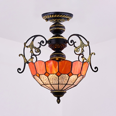 Glass Dome Shade Semi Ceiling Mount Light Bedroom 2 Lights Mediterranean Style Ceiling Lamp