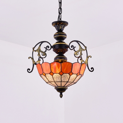 Glass Domed Shade Hanging Light 2 Lights Tiffany Style Vintage Carved Ceiling Lamp for Hallway