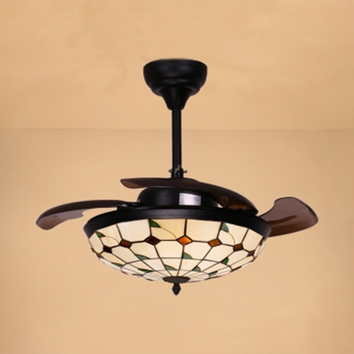 Grid Dome Villa LED Ceiling Fan Glass Tiffany Rustic Semi Ceiling Mount Light with 3 Blade