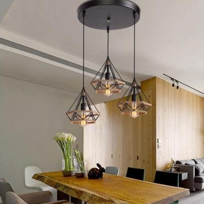 BAYCHEER Industrial Diamond Wire Frame Pendant Light Manila Rope 3 Heads Black Ceiling Pendant for Dining Table