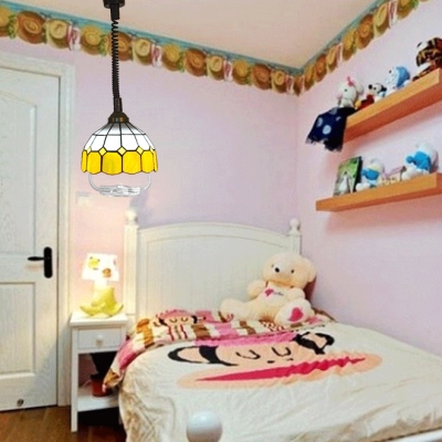 Kid Bedroom Lattice Dome Pendant Light with Telephone Cord Glass 1 Head Tiffany Style Orange/Yellow Hanging Light