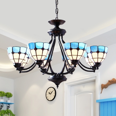 Mediterranean Style Blue Pendant Lamp Dome Shade 6/8 Lights Glass Chandelier for Hotel