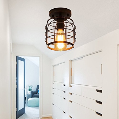 Metal Birdcage Flush Mount Light Hallway Bathroom 1 Light Industrial Ceiling Lamp in Black