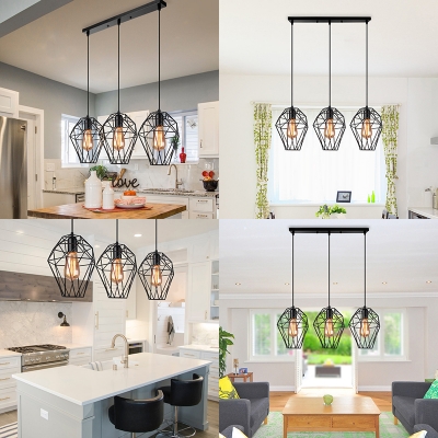 Metal Cage Ceiling Pendant with Linear/Round Canopy 3 Lights Antique Hanging Light in Black for Bar