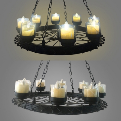 Metal Candle Chandelier with Wheel Cafe 8 Lights Industrial Suspension Light in Matte Black
