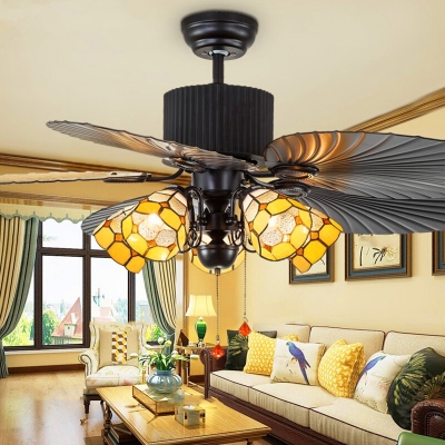 Metal Dome Semi Flush Ceiling Light, Ceiling Fan With Leaf Shaped Blades