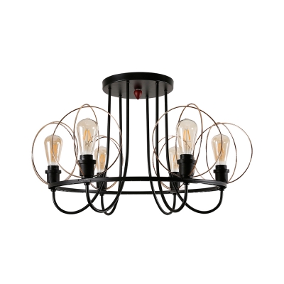 Metal Globe Wire Frame Ceiling Fixture 6/8 Lights Industrial Semi Flush Mount Light in Black for Living Room