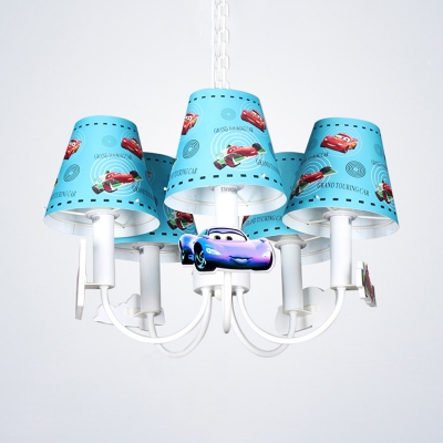 Metal Tapered Shade Chandelier with Cartoon Car Child Bedroom 5 Lights Suspension Light in Blue