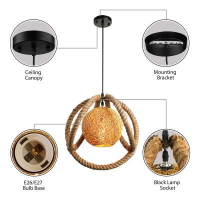 Nordic Style 1 Light Rope LED Pendant with Rattan Ball Accent