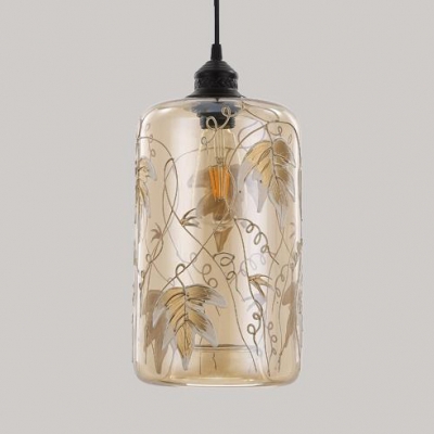 Nordic Style Cylinder Ceiling Lamp 1 Light Glass Hanging Light with Leaf Decoration for Bedroom