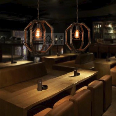 One Light Wire Frame Suspension Light with Pipe Industrial Metal Hanging Light in Aged Brass for Restaurant