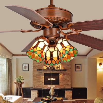 Remote Control LED Ceiling Fan with Pull Chain 3 Lights Antique Style Wood Semi Flush Ceiling Light for Bedroom