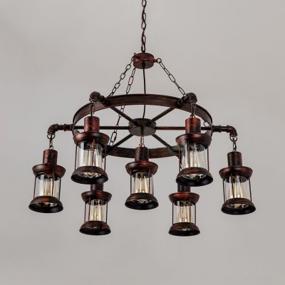 Restaurant Kerosene Hanging Light Metal 7 Lights Industrial Pendant Lamp with Wheel in Rust