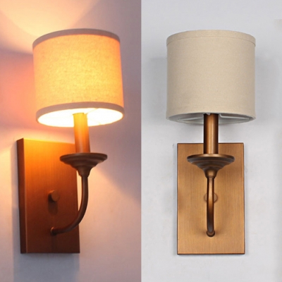 Rustic Style Bronze Sconce Lamp Cylinder Shade 1/2 Lights Metal Fabric Wall Light for Hallway