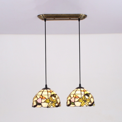 Stained Glass Pendant Light with Flower/Leaf/Rose 2 Lights Rustic Style Hang Light for Foyer