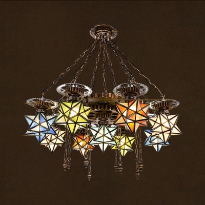 Stained Glass Star Shade Chandelier 6/9 Lights Tiffany Style Hanging Lamp for Shop Bar